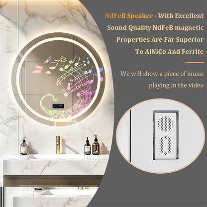 Smart Round Bathroom Mirror with Dual Bluetooth Speakers, Anti-Fog, Time & Temperature Display