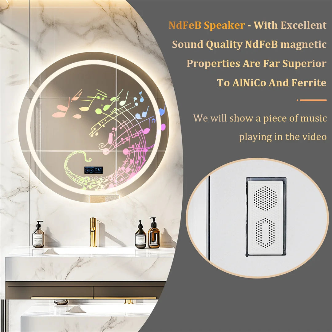 Smart Round Bathroom Mirror with Dual Bluetooth Speakers, Double light,Anti-Fog, Time & Temperature Display