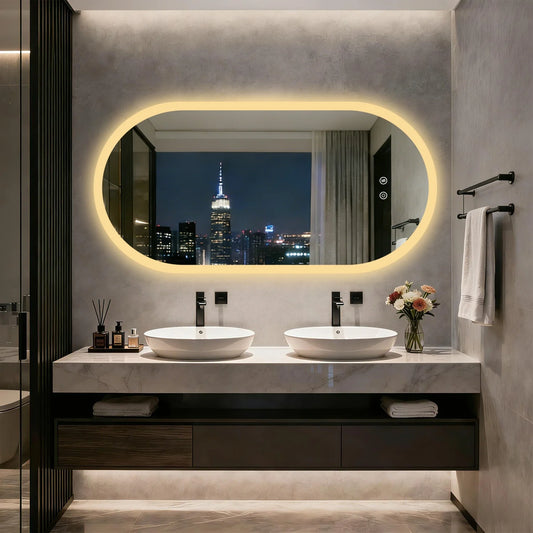 Long Oval LED Bathroom Mirror, Backlit Illuminated Bathroom Vanity Mirror, Memory Function Anti-Fog