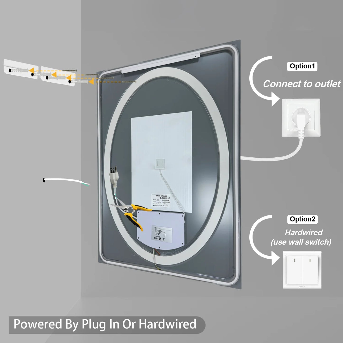 Frameless Double LED Lighted Bathroom Mirror, Rectangle & Round Tempered Glass Frontlit and Backlit Antifog