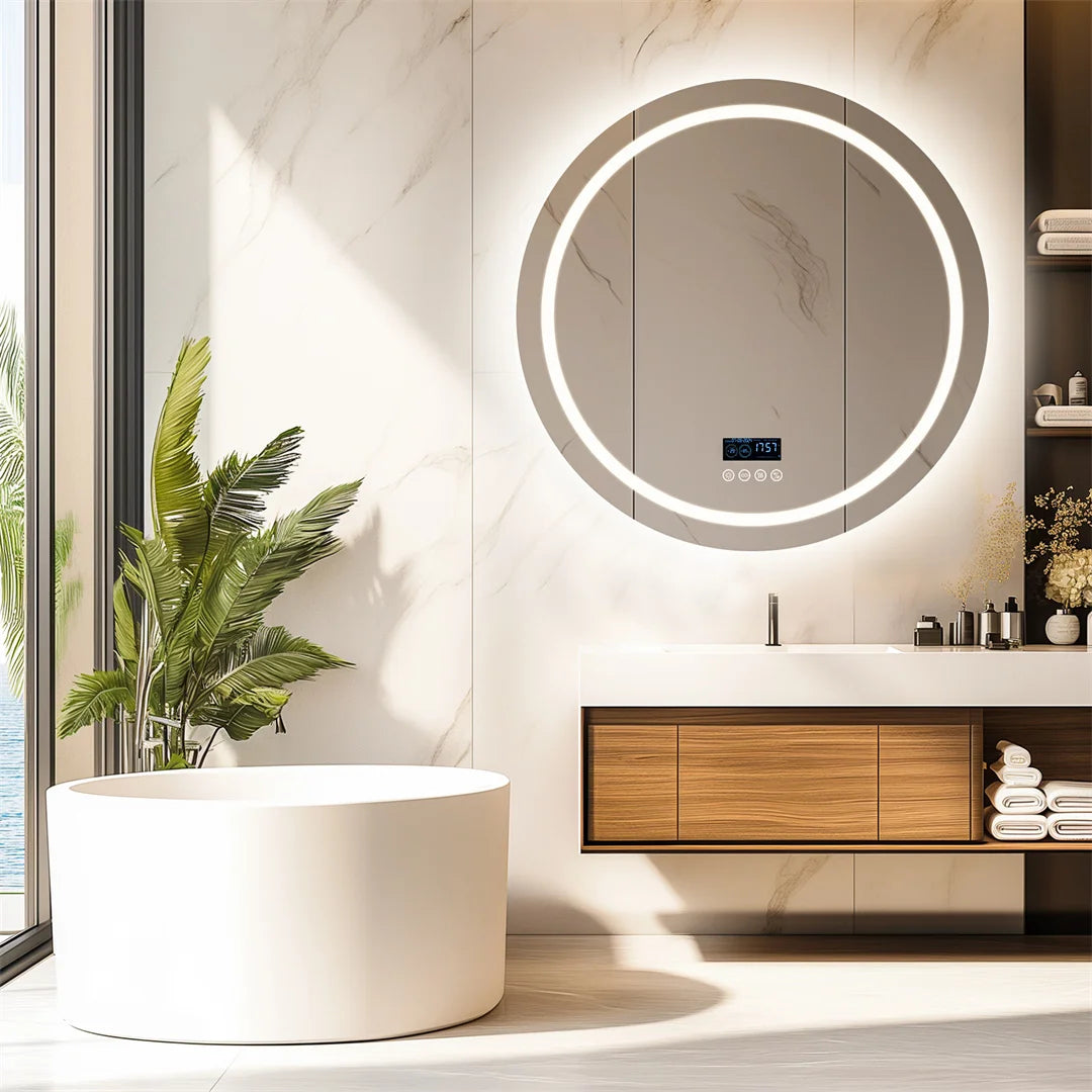 Smart Round Bathroom Mirror with Dual Bluetooth Speakers, Anti-Fog, Time & Temperature Display