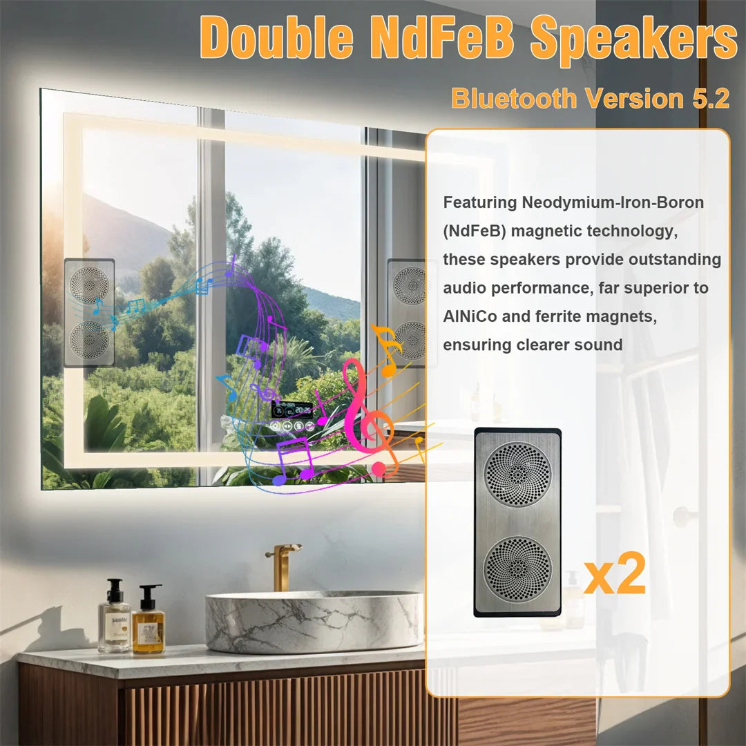 Rectangle Bluetooth Smart Bathroom Mirror  Illuminated Defog with Speakers and Time/Date/Temperature Display