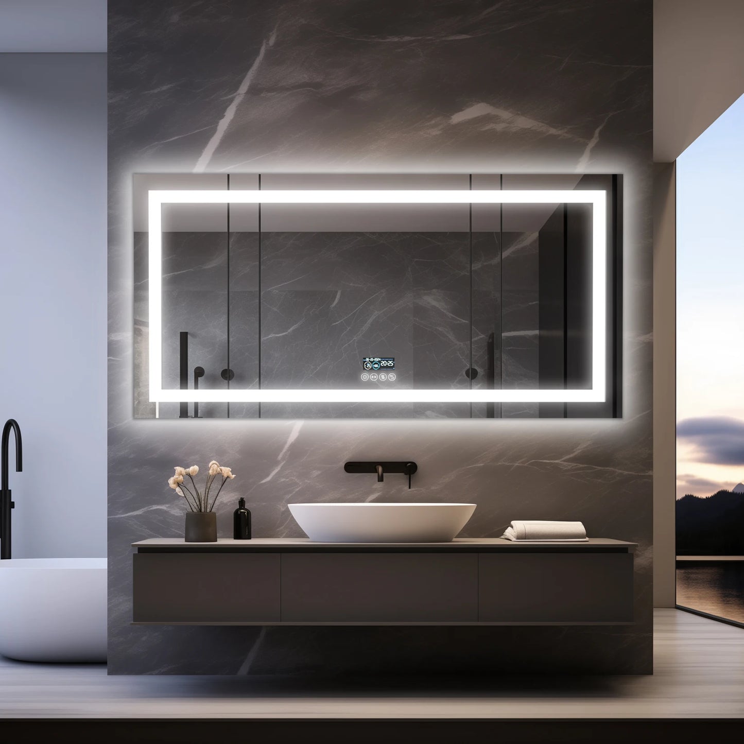 New Generation Smart Bathroom Mirror, Extra Large Rectangle Vanity Mirror with Dual Lights, Anti-Fog, Bluetooth Speakers, 3 Colors Temperature & Dimmable