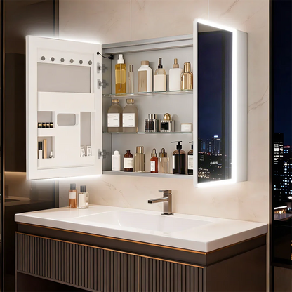 Luxury LED Mirror Cabinet with Dual Bluetooth Speakers & Anti-Fog - cabinet above a basin with door open