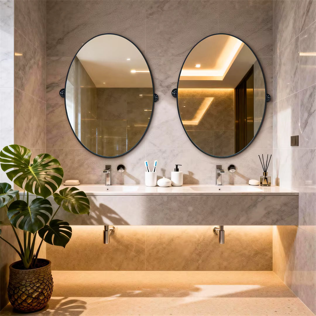 Black Oval Pivot Bathroom Mirror with Adjustable Tilt – 50 × 70 cm