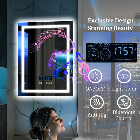 Smart Rectangle Bluetooth Bathroom Mirror with Time & Temperature Display, Dimmable LED, Anti-Fog, and Built-in Speaker