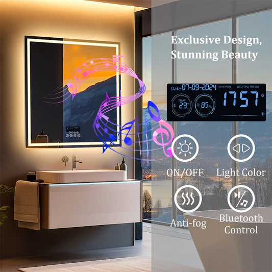 Smart Square Lighted Bathroom Mirror with Bluetooth Speaker, Double light，Wall Vanity LED Mirror with Time Date Temperature Display