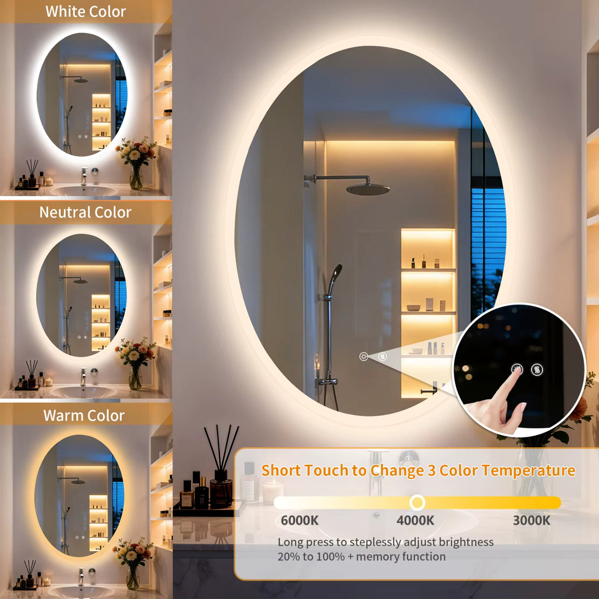 Oval LED Backlit Bathroom Mirror with 3 Color Lighting and Anti-fog