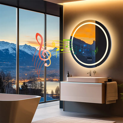 Smart Round Bathroom Mirror with Dual Bluetooth Speakers, Anti-Fog, Time & Temperature Display