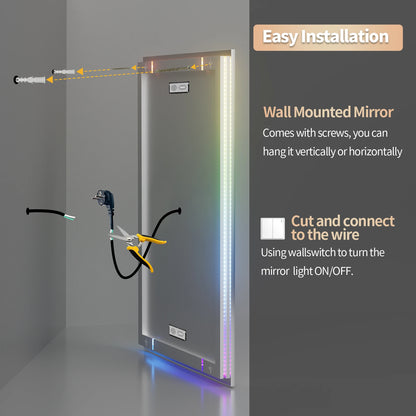 Smart Rectangle Glitzy RGB LED Bathroom Mirror With Bluetooth Speakers, Double Light LED Bathroom Mirror Anti-Fog