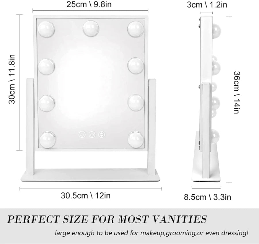 Vanity Mirror with Lights - 9 Dimmable Bulbs, 3 Color Modes, 15x Magnification