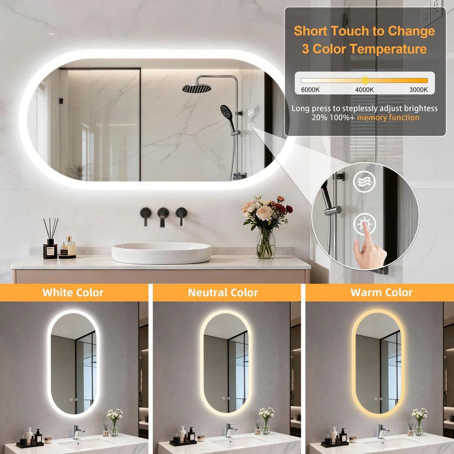 Long Oval LED Bathroom Mirror, Backlit Illuminated Bathroom Vanity Mirror, Memory Function Anti-Fog