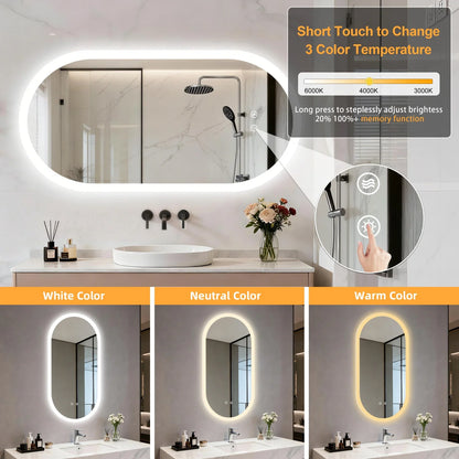 Long Oval LED Bathroom Mirror, Backlit Illuminated Bathroom Vanity Mirror, Memory Function Anti-Fog