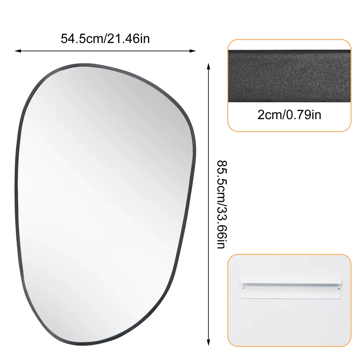 Black Asymmetrical Wall Mirror with Tempered Glass – 54.5 × 85.5 cm