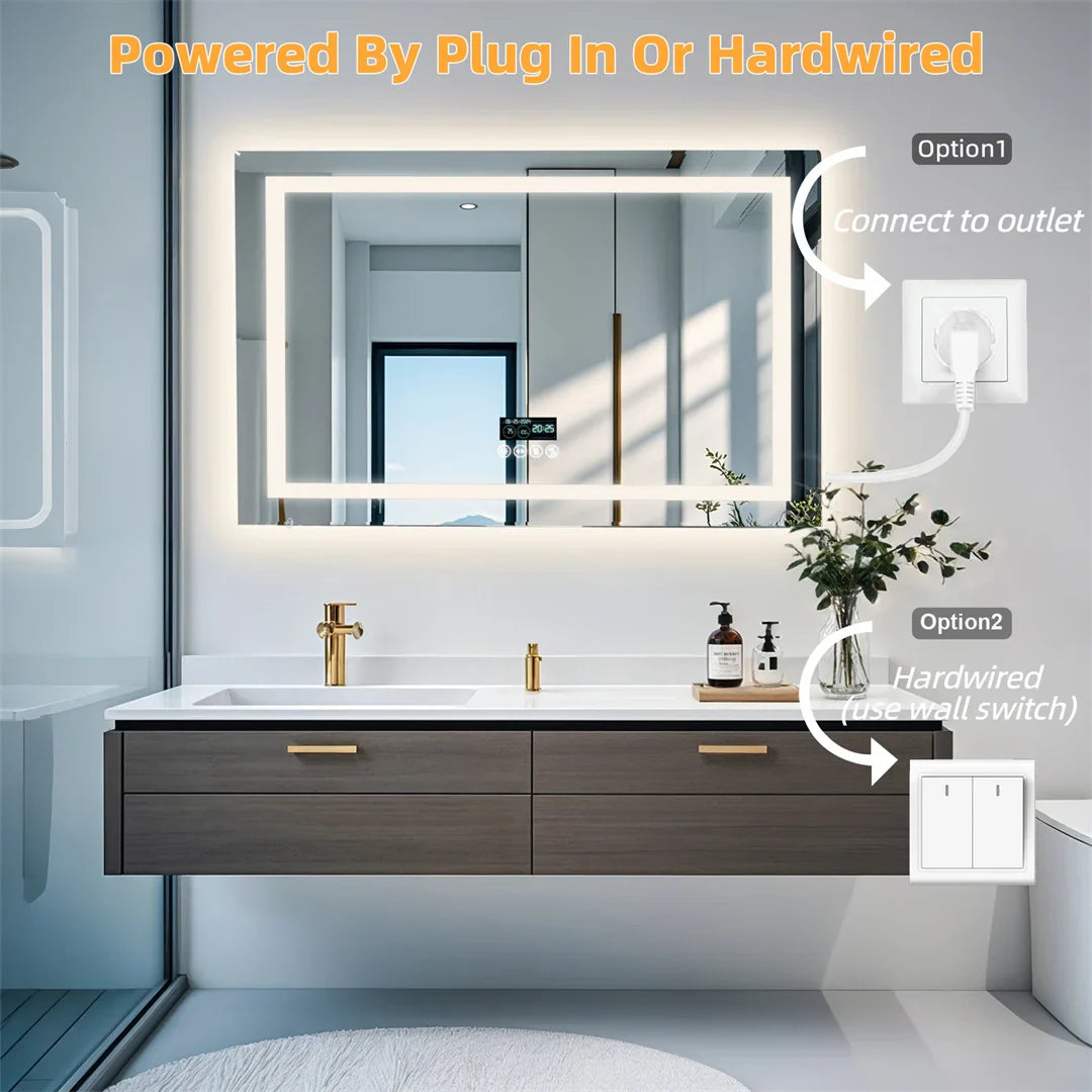 Rectangle Bluetooth Smart Bathroom Mirror  Illuminated Defog with Speakers and Time/Date/Temperature Display