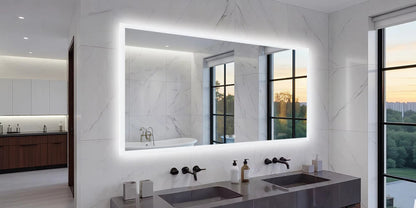 Rectangular Backlit Bathroom Mirror with Anti-Fog - mirror beside a window above twin basins