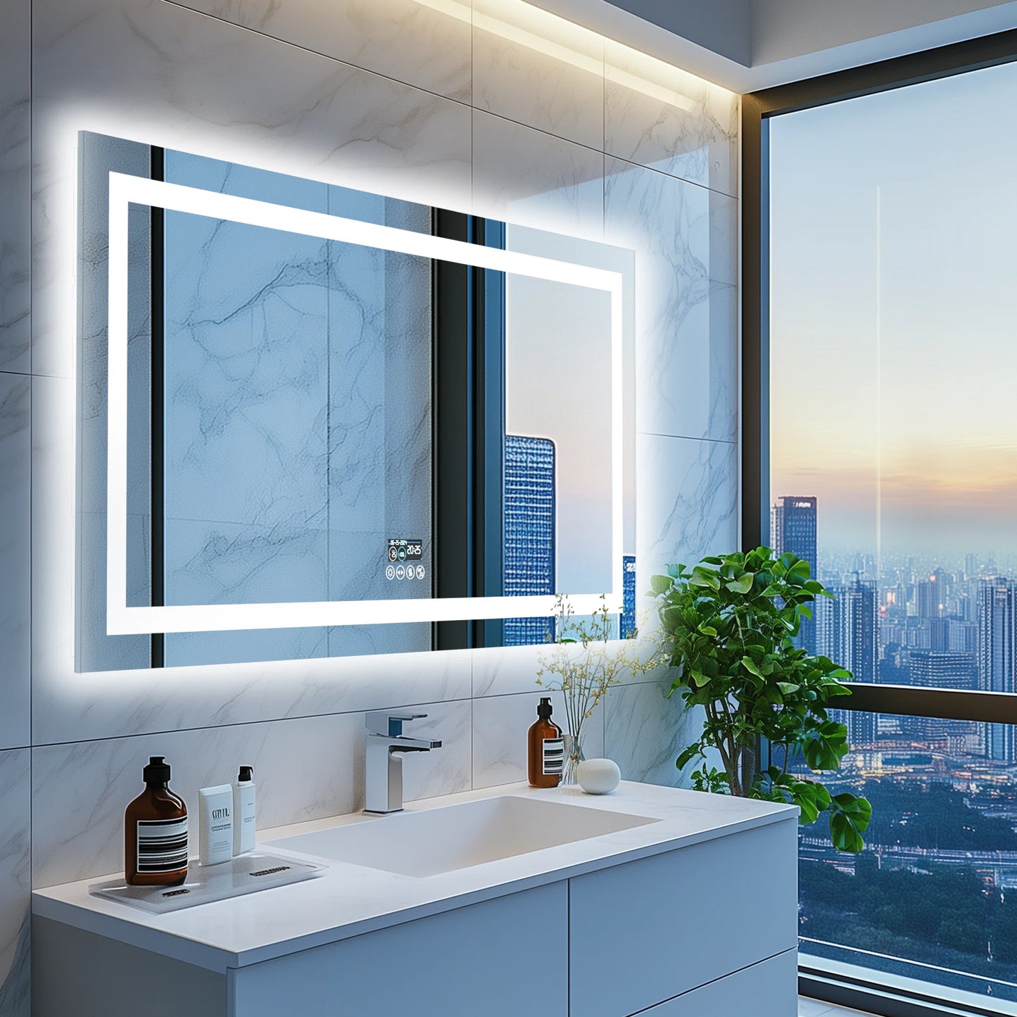 New Generation Smart Bathroom Mirror, Extra Large Rectangle Vanity Mirror with Dual Lights, Anti-Fog, Bluetooth Speakers, 3 Colors Temperature & Dimmable
