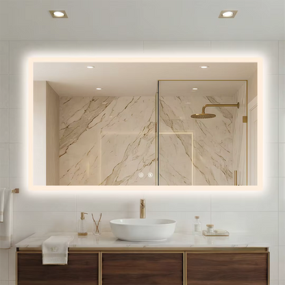 Rectangular Backlit Bathroom Mirror with Anti-Fog - rectangular mirror against marble tiles