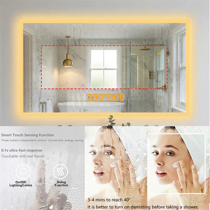 Rectangular Backlit Bathroom Mirror with Anti-Fog - alternate size and anti-fog area diagram
