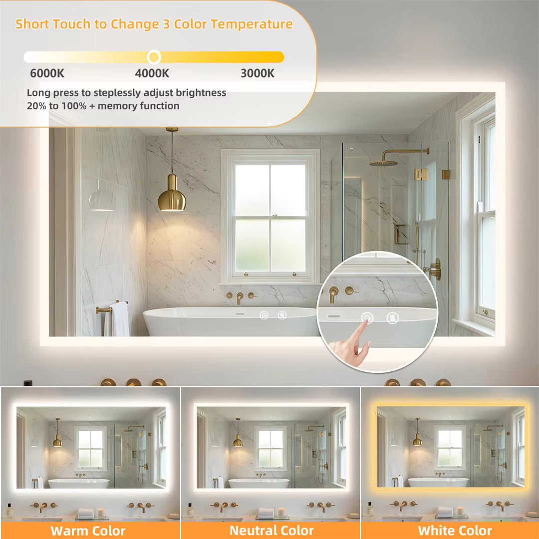 Rectangular Backlit Bathroom Mirror with Anti-Fog - three colour settings and reflection illustration