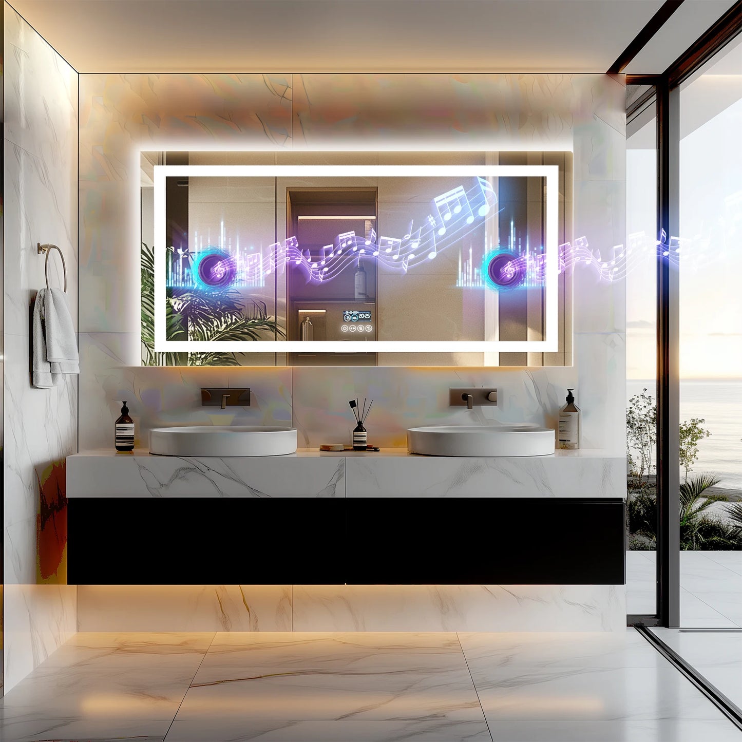 New Generation Smart Bathroom Mirror, Extra Large Rectangle Vanity Mirror with Dual Lights, Anti-Fog, Bluetooth Speakers, 3 Colors Temperature & Dimmable