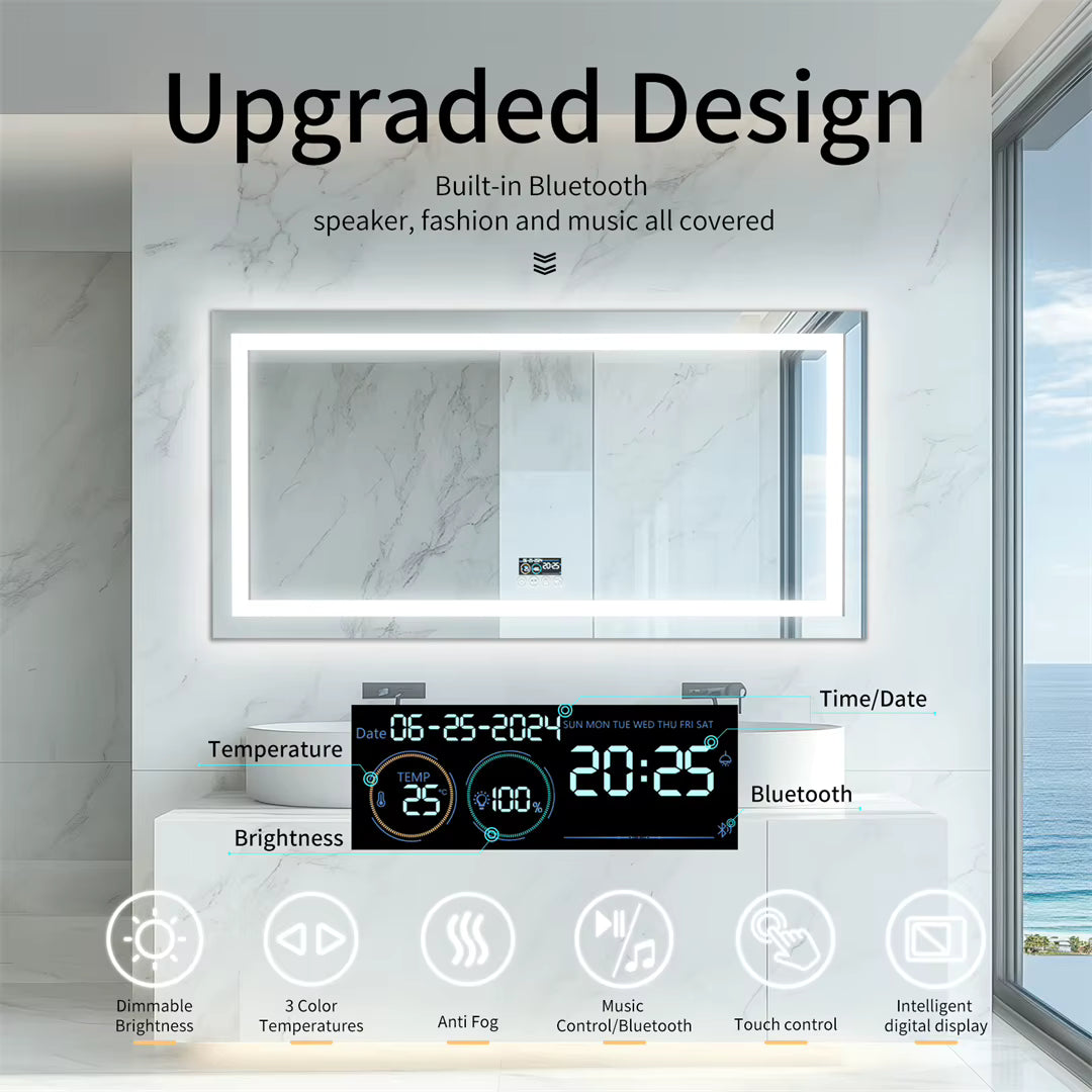 Extra Large Rectangle RGB Smart Mirror with Bluetooth & Date/Temperature Display