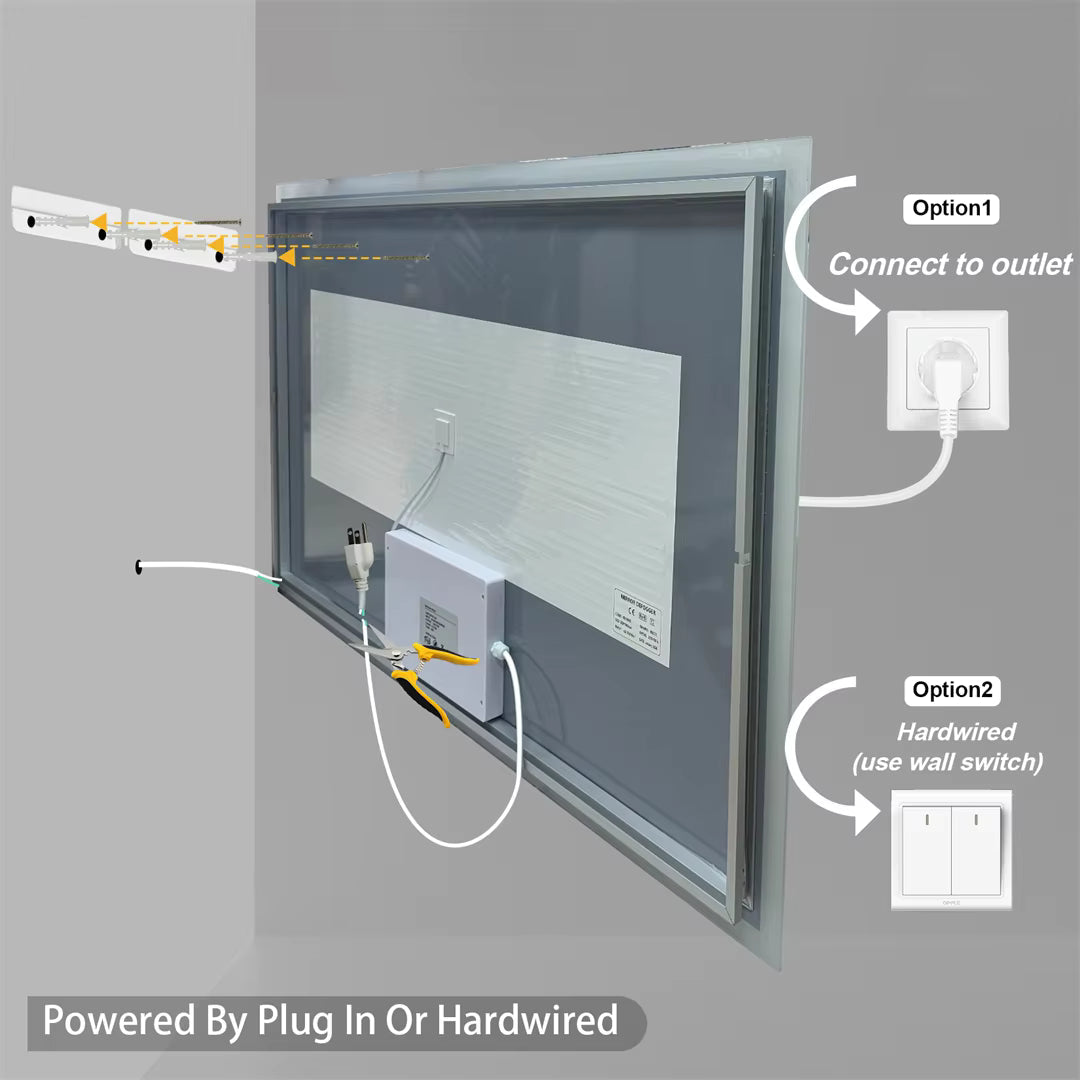 Rectangular Backlit Bathroom Mirror with Anti-Fog - rear power connection options