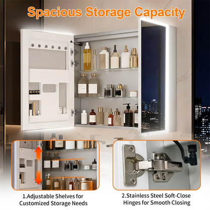 Luxury LED Mirror Cabinet with Dual Bluetooth Speakers & Anti-Fog - storage capacity and hinge details