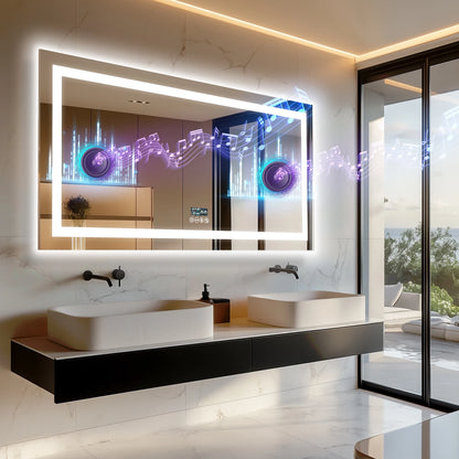 New Generation Smart Bathroom Mirror, Extra Large Rectangle Vanity Mirror with Dual Lights, Anti-Fog, Bluetooth Speakers, 3 Colors Temperature & Dimmable