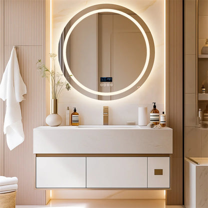 Smart Round Bathroom Mirror with Dual Bluetooth Speakers, Anti-Fog, Time & Temperature Display