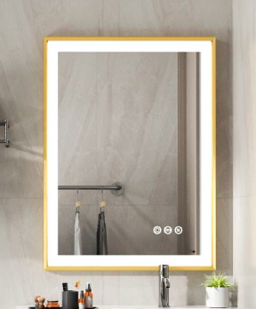 Rectangle Golden Aluminum Alloy Frame Front Light LED Smart Bathroom Illumination Mirror, Wall Mounted, Anti-Fog