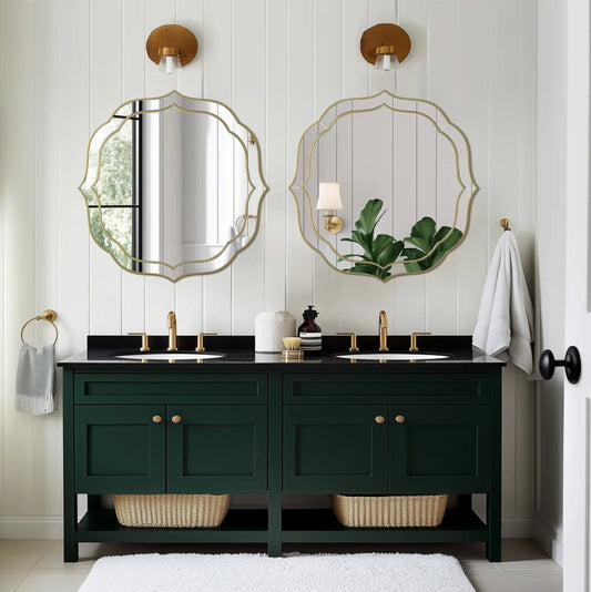 Modern Decorative Bathroom Mirror – Venetian-Style Silver Glass Mirror with Golden Rim & Beveled Frame for Bedroom & Hallway