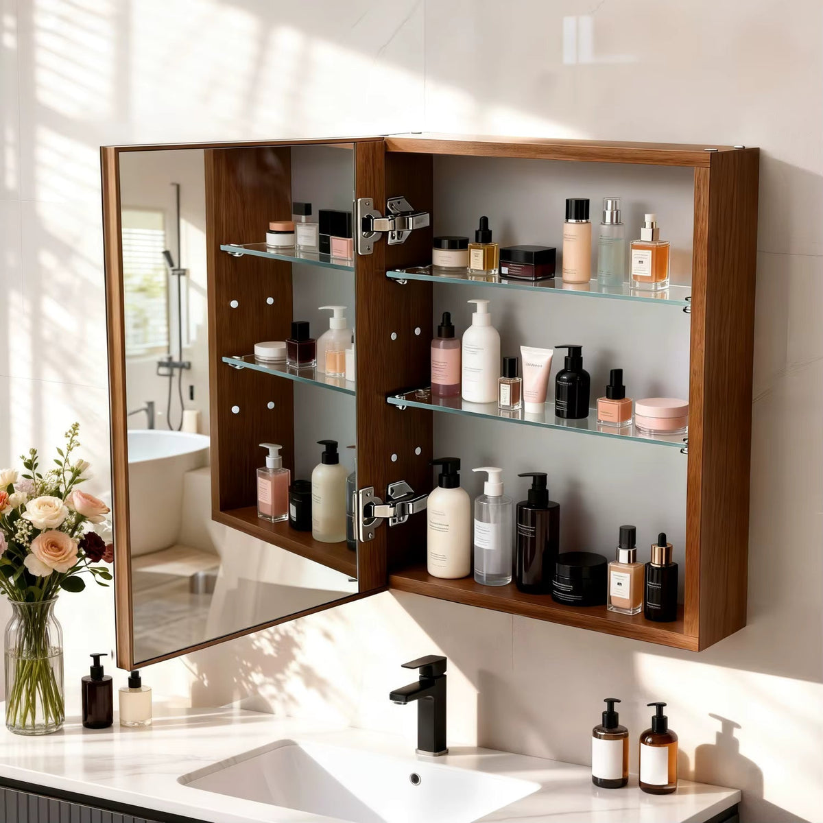 Walnut-Effect Bathroom Mirror Cabinet with Sensor Light – 4 Sizes