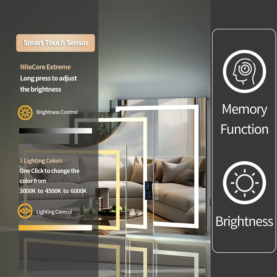 Smart Rectangle Bluetooth Bathroom Mirror with Time & Temperature Display, Dimmable LED, Anti-Fog, and Built-in Speaker