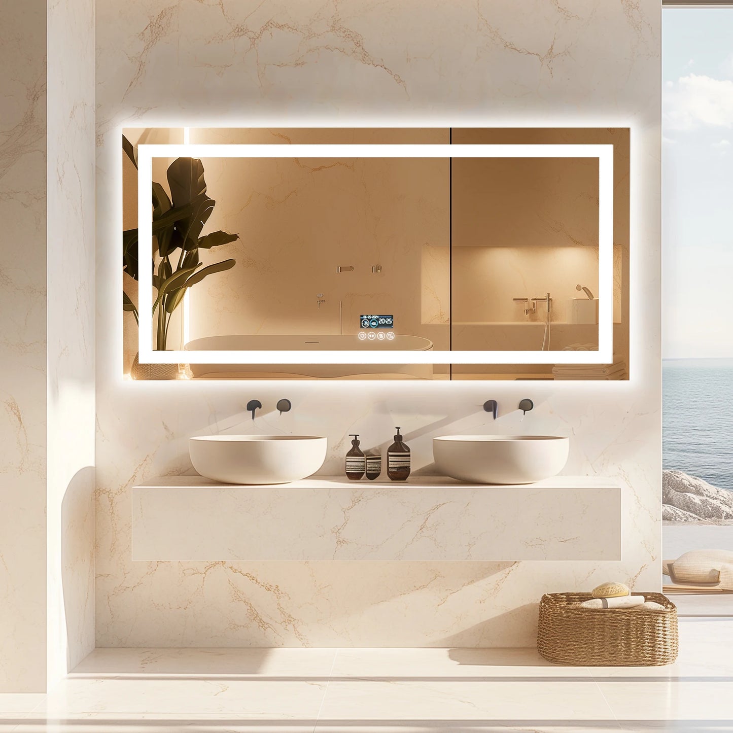 New Generation Smart Bathroom Mirror, Extra Large Rectangle Vanity Mirror with Dual Lights, Anti-Fog, Bluetooth Speakers, 3 Colors Temperature & Dimmable