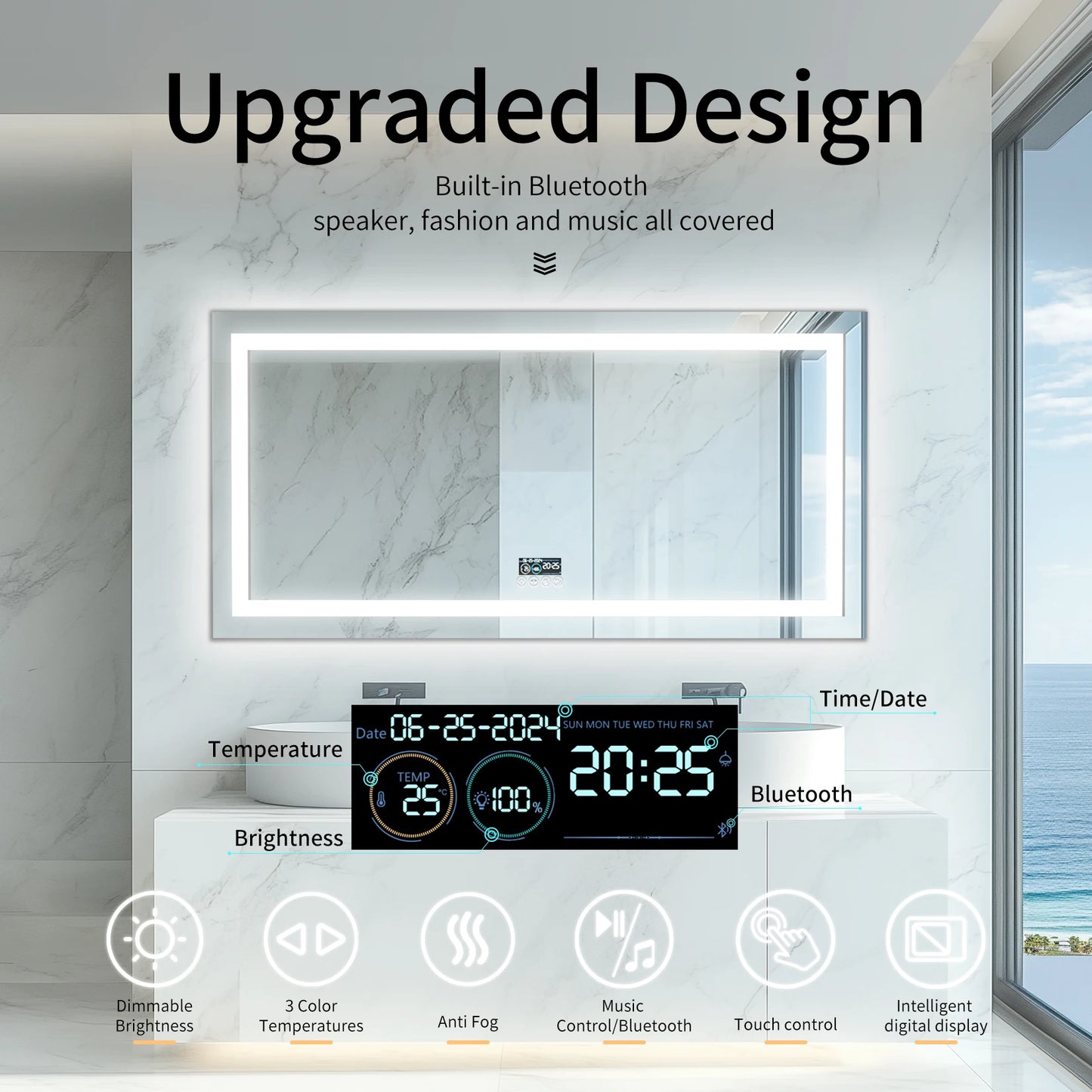 New Generation Smart Bathroom Mirror, Extra Large Rectangle Vanity Mirror with Dual Lights, Anti-Fog, Bluetooth Speakers, 3 Colors Temperature & Dimmable
