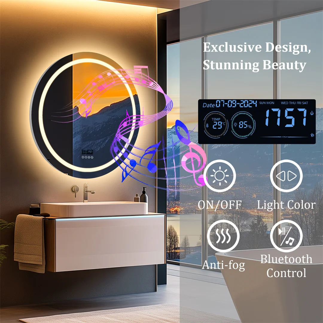 Smart Round Bathroom Mirror with Dual Bluetooth Speakers, Double light,Anti-Fog, Time & Temperature Display