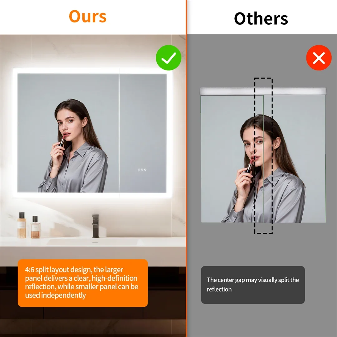 Luxury LED Mirror Cabinet with Dual Bluetooth Speakers & Anti-Fog - illuminated reflection comparison