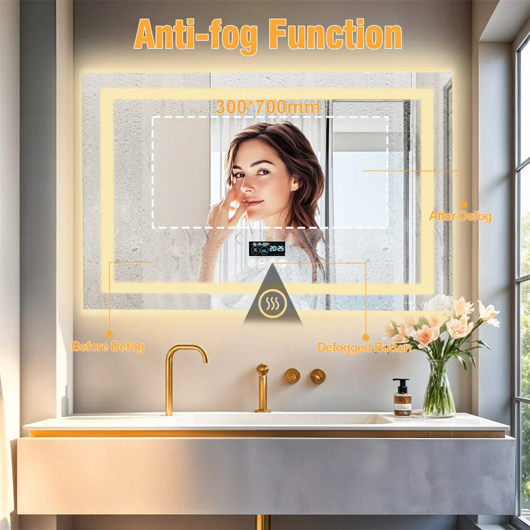 Rectangle Bluetooth Smart Bathroom Mirror  Illuminated Defog with Speakers and Time/Date/Temperature Display