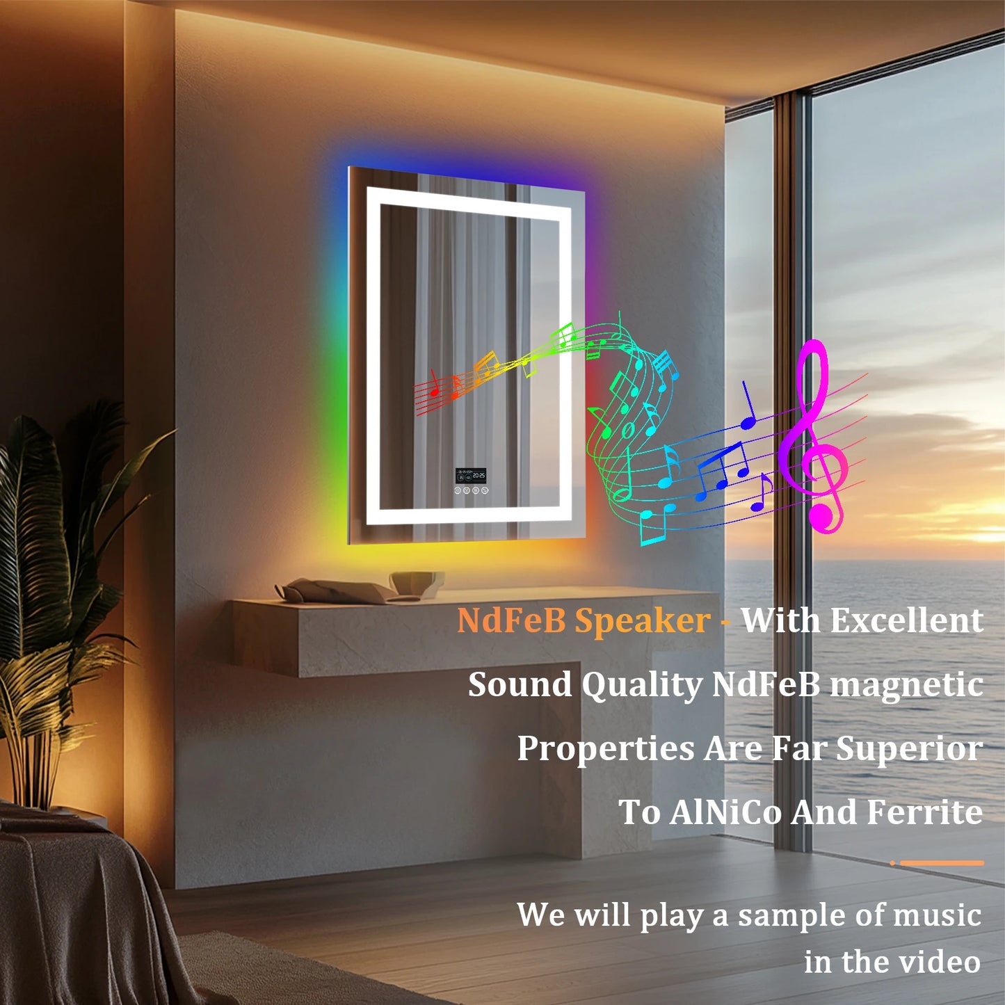 Smart Rectangle Glitzy RGB LED Bathroom Mirror With Bluetooth Speakers, Double Light LED Bathroom Mirror Anti-Fog