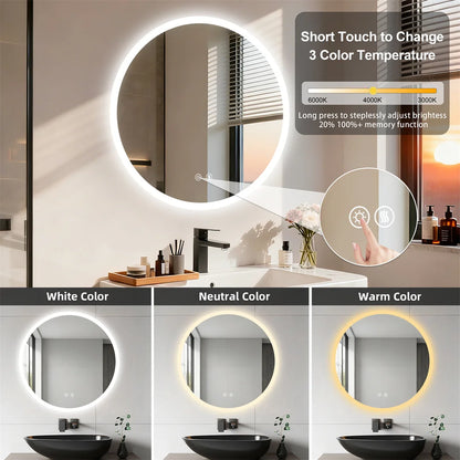 Backlit Round LED Bathroom Mirror, Dimmable Anti-Fog Waterproof Vanity Mirror