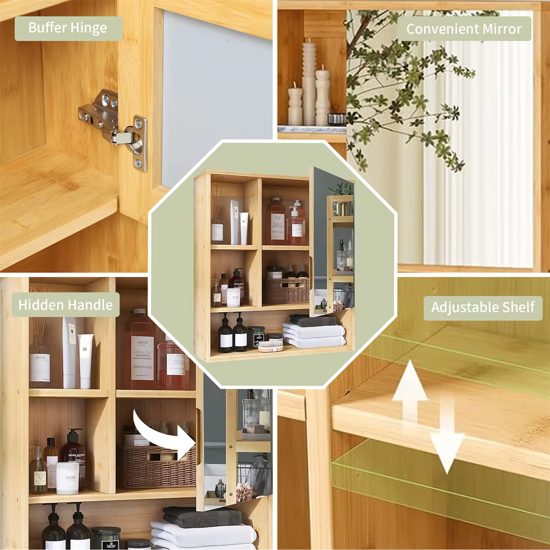 Bamboo Bathroom Mirror Cabinet with Adjustable Shelves – 55.5 × 61 cm