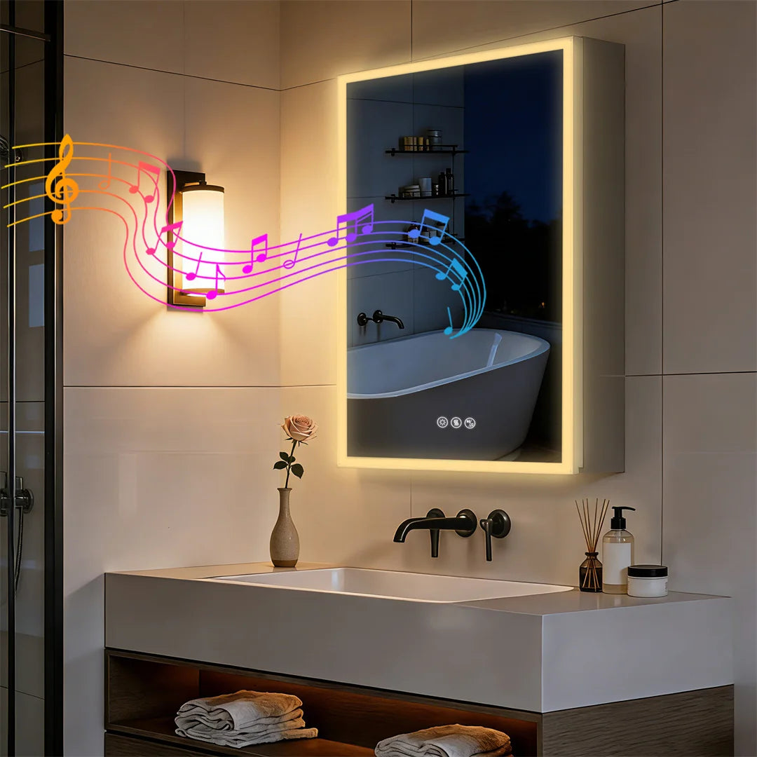 Smart LED Bathroom Mirror Cabinet with Bluetooth Speaker, Music Control, Anti-fog,Front Light