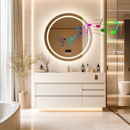 Smart Round Bathroom Mirror with Dual Bluetooth Speakers, Anti-Fog, Time & Temperature Display