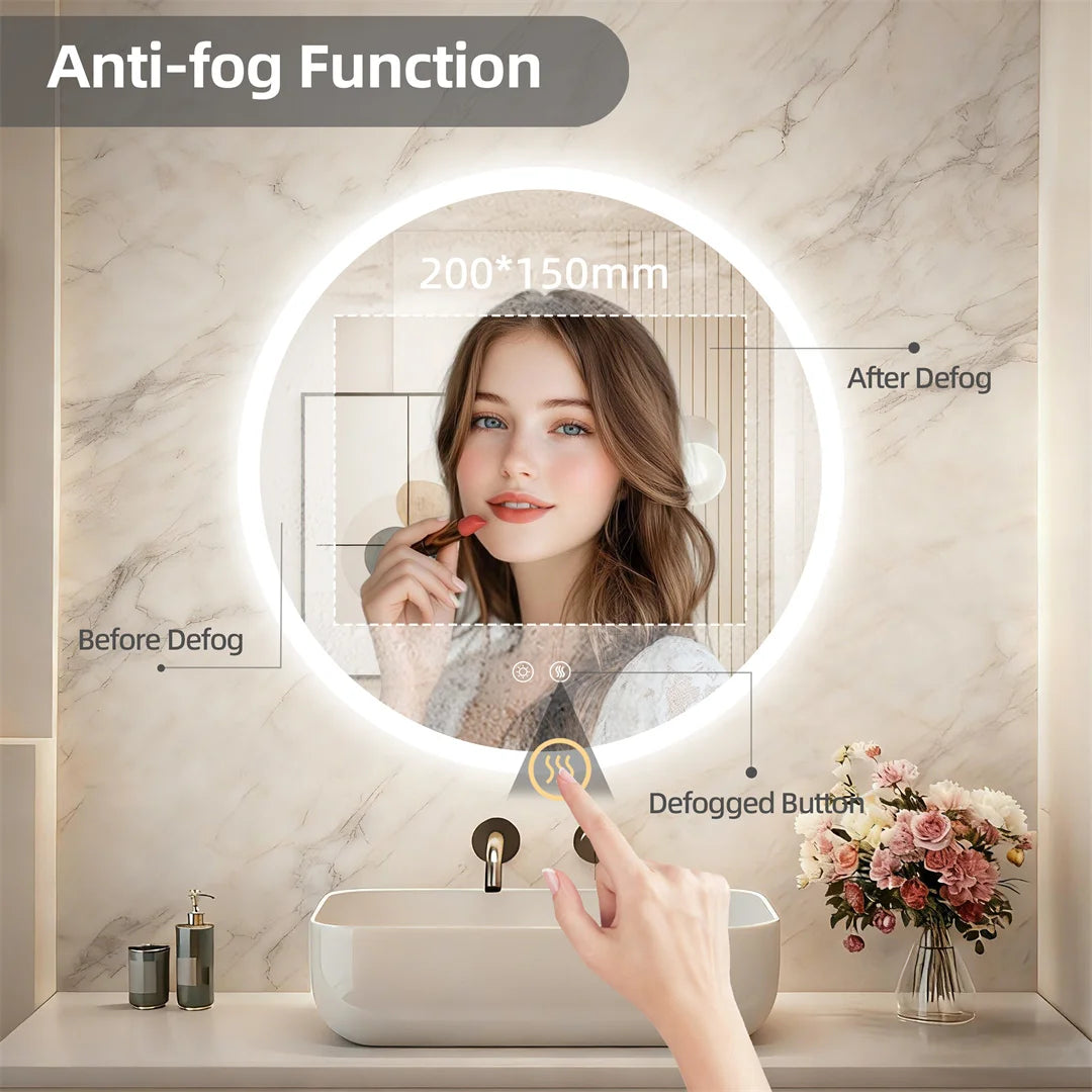 Backlit Round LED Bathroom Mirror, Dimmable Anti-Fog Waterproof Vanity Mirror