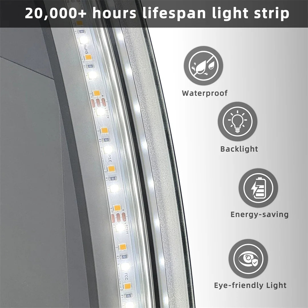 Backlit Round LED Bathroom Mirror, Dimmable Anti-Fog Waterproof Vanity Mirror