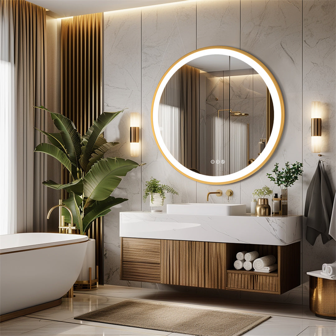 Golden Frame Round Backlit Mirror, Anti Fog, Three Colors Smart LED Bathroom Mirror