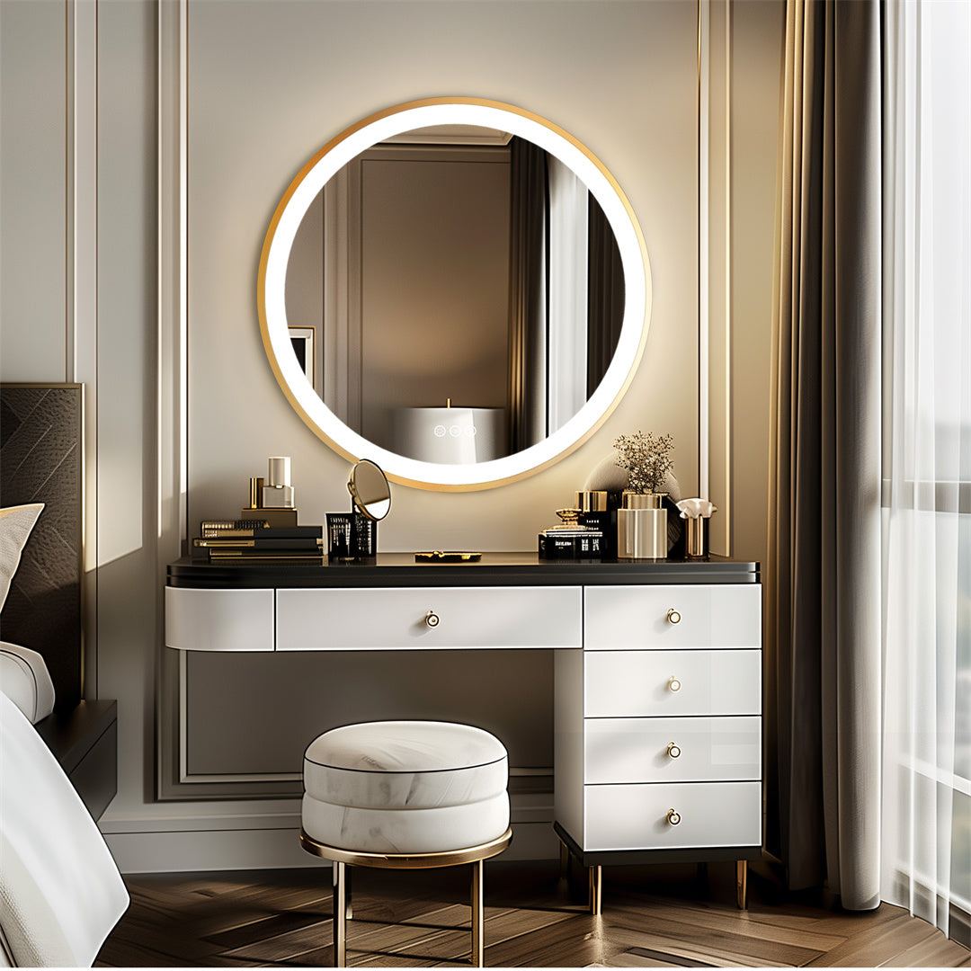 Golden Frame Round Backlit Mirror, Anti Fog, Three Colors Smart LED Bathroom Mirror