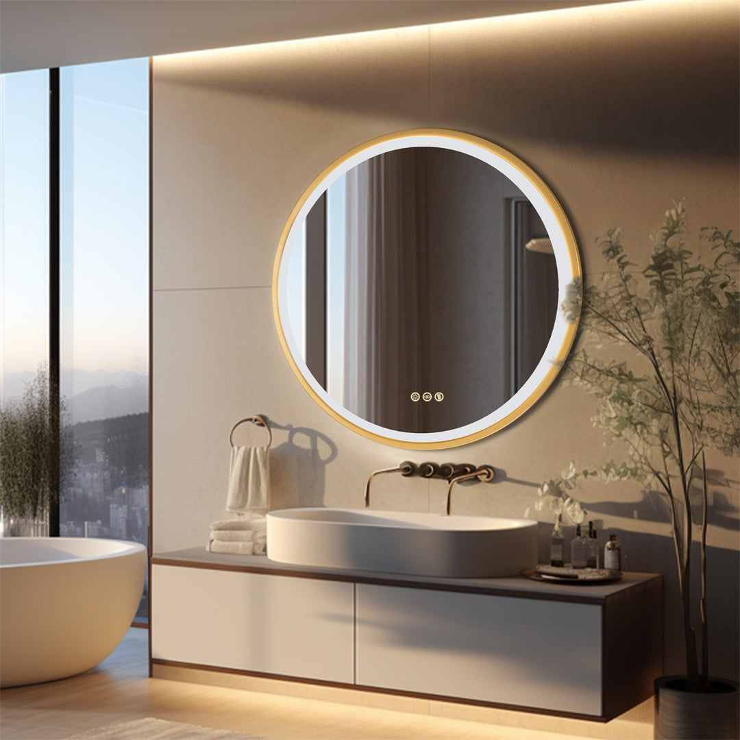 Golden Frame Round Backlit Mirror, Anti Fog, Three Colors Smart LED Bathroom Mirror