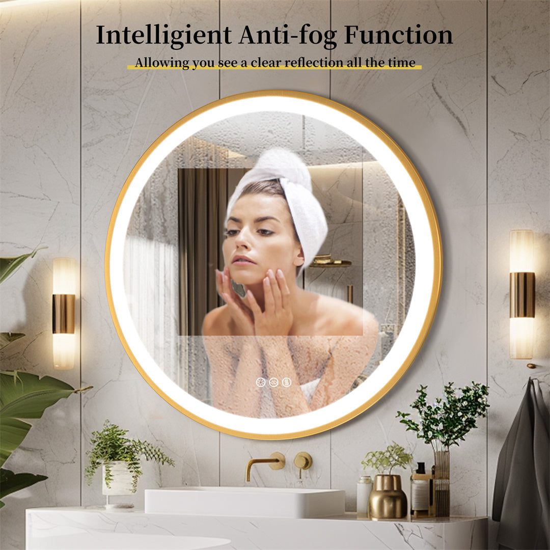 Golden Frame Round Backlit Mirror, Anti Fog, Three Colors Smart LED Bathroom Mirror